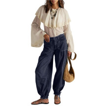 Jean Lotus Tube pour Femme, Taille Mi-Haute, Ample, Jambe Large, Pantalon en Denim Plissé à Volants avec Cordon de Serrage Bleu Profond L