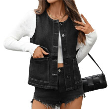 Gilet en Jean Mi-Long pour Femme, Veste Sans Manches, Effet Usé Noir Gris L