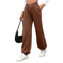 Pantalon de Survêtement Taille Haute pour Femme avec Poches, Pantalon de Yoga Décontracté et Ample Marron L