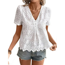 Damen Sommer Ösen Tops 2025 Elegante Casual V-Ausschnitt Flatterärmel Aushöhlen Spitze Bestickte Blusen Shirts Weiß S
