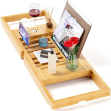 Adjustable Bamboo Bathtub Tray Caddy with Expandable Fit Design and NonSlip Silicone Pads