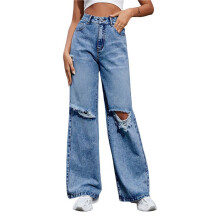 Jean Déchiré pour Femme, Taille Haute, Effet Usé, Ample, Droit, Jambes Larges Bleu Moyen M