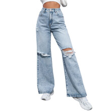 Jean Déchiré pour Femme, Taille Haute, Effet Usé, Ample, Droit, Jambes Larges Bleu M