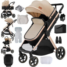 Cochecito 3 en 1 multifuncional para bebé con capazo, asiento evolutivo, capota solar XXL, sistema de viaje plegable cómodo.
