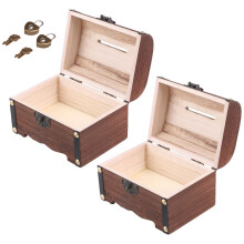 2pcs Wooden Treasure Chest with Lock and Key, Antique Wood Jewelry and Piggy Bank Gift Set
