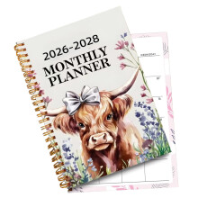 2026 Planner Highland Cow Calendar with Monthly & Daily View, Spiral Tab Design, NoBleed Paper