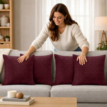 (4X, Burgundy) Velvet Embossed Pebble Filled Cushions-Luxury Cushion Covers with Cushion Pad Set