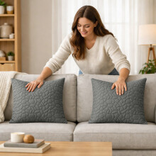 (2X, Grey) Velvet Embossed Pebble Filled Cushions-Luxury Cushion Covers with Cushion Pad Set