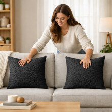 (2X, Black) Velvet Embossed Pebble Filled Cushions-Luxury Cushion Covers with Cushion Pad Set