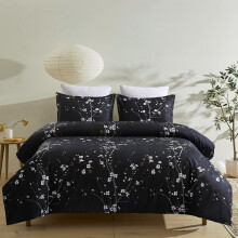 Black Floral Duvet Cover Set Queen Size 3 Piece Soft Brushed Microfiber with Zipper Closure and Corner Ties