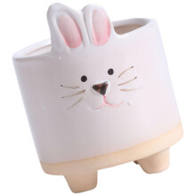 Ceramic Animal Planter with Drainage for Succulents, Modern Face Design White Rabbit Decorative Pot
