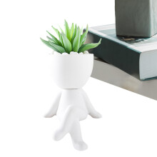 White Ceramic Face Planter Body Figure Flower Pot Decorative Human Head Design for Desk or Bedroom Decor
