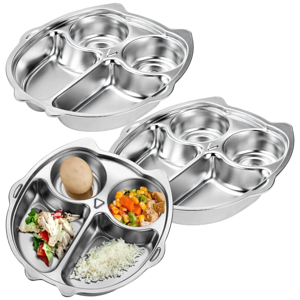 3 Pack Metal Divided Plates for Kids, Stainless Steel Owl Design, Three Section, Dishwasher Safe