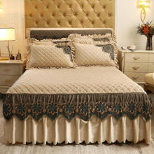 Velvet Bed Skirt Double Bed Gold Embroidered Fitted Valance Sheet with Pleated Cotton Ruffle Design