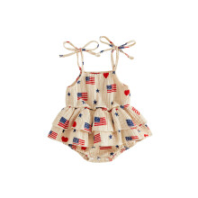 (12-18 Months, Khaki) Baby Girl Patriotic Romper Dress Cotton Linen Fourth of July Heart Flag Print Sleeveless Tie-up Ruffle Bodysuit