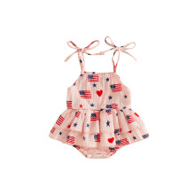 (6-12 Months, Pink) Baby Girl Patriotic Romper Dress Cotton Linen Fourth of July Heart Flag Print Sleeveless Tie-up Ruffle Bodysuit