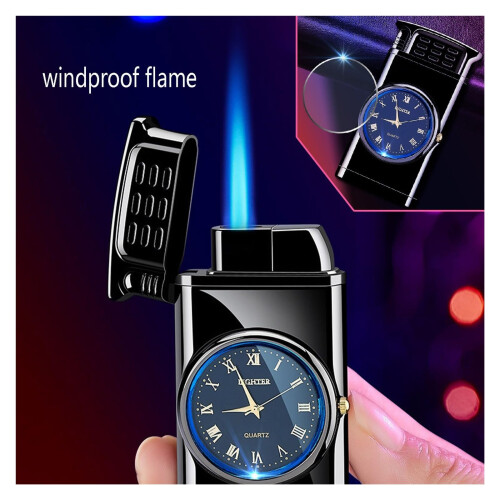 Butane Torch Lighter Red Windproof Refillable Adjustable Flame Zinc Alloy with Builtin Clock for Camping 1