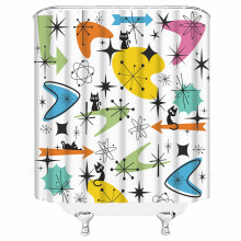Mid Century Shower Curtain Retro Black Cat Design Waterproof Fabric Vintage 1950s Bathroom Decor with Hooks