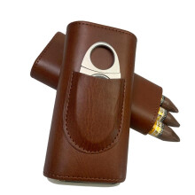 Bronze Leather Cigar Case with Cedar Wood, Handmade Moisture Preservation Travel Set for 3 Cigars with Cutter