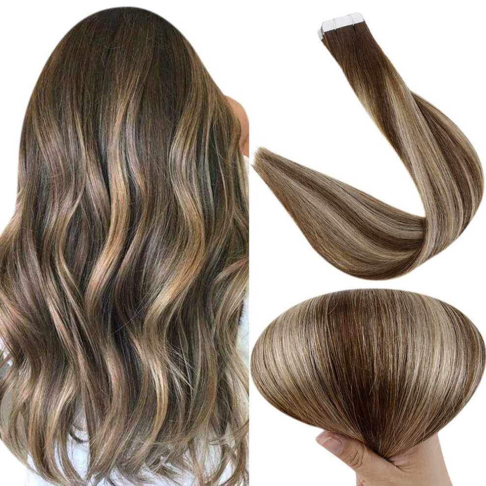 Unisex Brown Tape In Human Hair Extensions 18 Inch Medium To Blonde Highlight Remy Hair Seamless Blend
