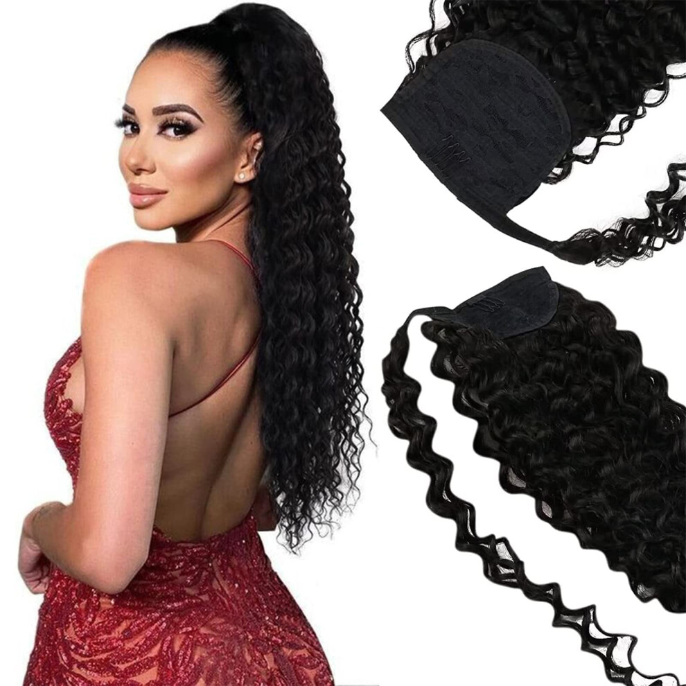 Unisex Black 14 Inch Natural Wavy Human Hair Ponytail Extension For Women, Brazilian Remy Wrap Around Clip In, Color #1B 80G