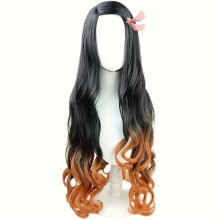 Women Side Parting Extra Long Wavy Black Orange Synthetic Heat Resistant Fibre Hair 2 Tone Color Anime Cosplay Wig