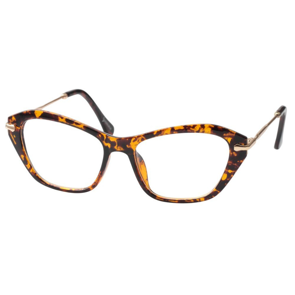 Women's Cat Eye Reading Glasses +2.0 Tortoise Frame, Fashion Alloy Arms, Clear Magnification