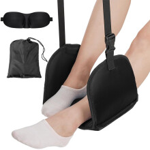 Repose-pieds portable pour voyage en avion, avec sangles réglables et plaque de support amovible.