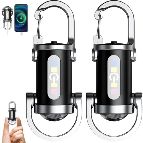 Rechargeable Keychain Flashlight with Triple Lighting Modes and USB Fast Charging, Mini LED Torch for Camping Outdoor Black 2pc
