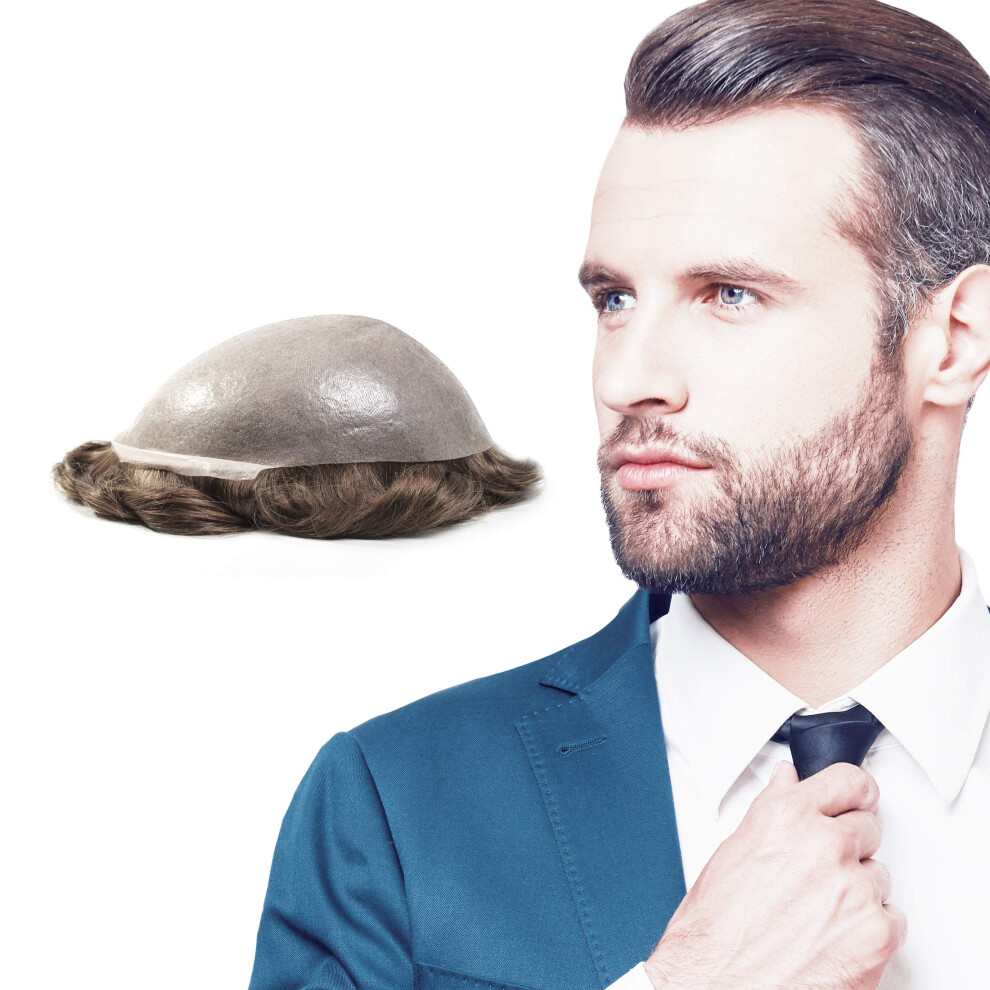 Unisex Brown Men's Toupee Human Hair Hairpiece With Thin Pu Skin Base, Natural Hairline Indian Remy Wig 7X9 Darkest