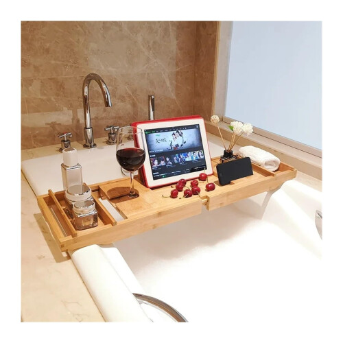 Expandable Bathtub Tray with Dual Compartments, Adjustable Bath Caddy Organizer for Books and Drinks 1