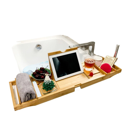 Expandable Bathtub Tray with Dual Compartments, Adjustable Bath Caddy Organizer for Books and Drinks 2