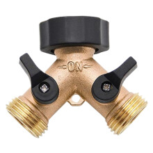 2 Way Brass Garden Hose Splitter Y Shaped Heavy Duty Outdoor Faucet Connector with Dual Shut Off Valves