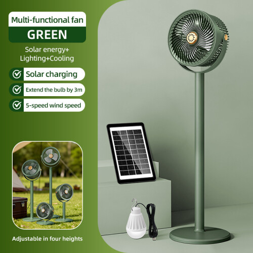 (Green) 5-Speed Solar-Powered Floor Fan with 4 Adjustable Heights, Suitable for Camping, Barbecue, And Outdoor Use, Easy to Carry. Supports Type-C