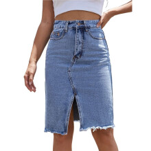 Women'S High Waisted Split Front Hem Bodycon Midi Denim Skirt M