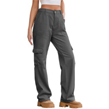 Pantalon Cargo Taille Haute pour Femme, Pantalon Décontracté à Jambes Larges, Pantalon 6 Poches Gris S