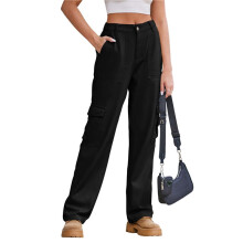 Pantalon Cargo Taille Haute pour Femme, Pantalon Décontracté à Jambes Larges, Pantalon 6 Poches Noir L