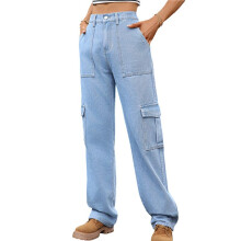 Pantalon Cargo Taille Haute pour Femme, Pantalon Décontracté à Jambes Larges, Pantalon 6 Poches Bleu Denim S