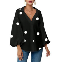 Women'S French Polka Dot Half-Open Collar Loose Bubble Long Sleeve Top Black Polka Dots L