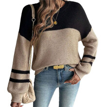 Dames 2025 Herfstmode Lange Mouw Kleurblok Oversized Trui Casual Ronde Hals Gebreide Top Pullover Zwart S
