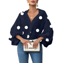Women'S French Polka Dot Half-Open Collar Loose Bubble Long Sleeve Top Navy  XXL