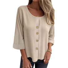 Linnen Tops voor Dames, Overhemden met V-Hals, Driekwartmouwen, Oprolbare, Effen, Casual, Losse Tuniektop Abrikoos L