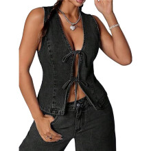 Veste en Jean Sans Manches à Col en V Profond et à Nouer sur le Devant pour Femme Noir Gris XL