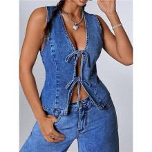 Veste en Jean Sans Manches à Col en V Profond et à Nouer sur le Devant pour Femme Bleu Foncé S