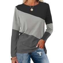Dames Color Block Tops Casual Lange Mouw Tuniek Ronde Hals Trui Shirts Zwartgrijs XXL
