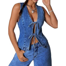 Veste en Jean Sans Manches à Col en V Profond et à Nouer sur le Devant pour Femme Bleu Foncé L