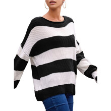 Dames Gestreepte Gebreide Trui Ronde Hals Herfst Winter Trui Lange Mouw Kleurblok Trui Zwart XXL