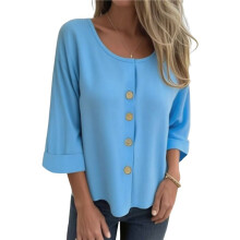 Linnen Tops voor Dames, Overhemden met V-Hals, Driekwartmouwen, Oprolbare, Effen, Casual, Losse Tuniektop Lichtblauw L