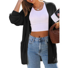 Dames Oversized Vest, Zacht Gebreid Vest met Zakken Zwart L