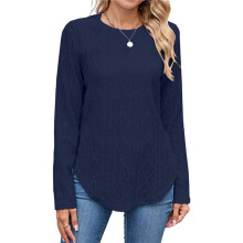 Camiseta Informal de Manga Larga para Mujer, con Cuello Redondo, Dobladillo Curvo y Botones en la Espalda, Estilo Moderno y Holgado. Azul Marino XXL